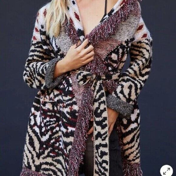ANTHROPOLOGIE COAT SWEATER FRINGED PENNY LANE ANIMAL PRINT Sz S BOHO AESTHETIC - Picture 3 of 16